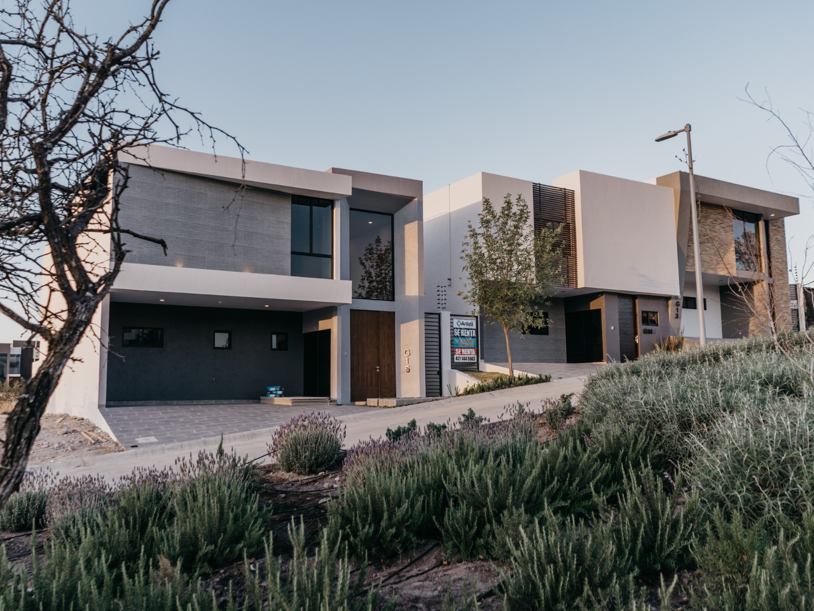Fachadas de casas de un fraccionamiento al atardecer